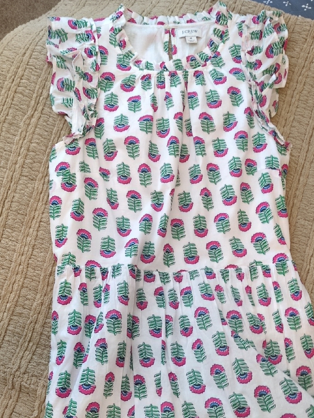 J. Crew Factory White Midi Dress with Pink and Green Leaf Print